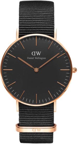 DW dameur med sort stofrem - Daniel Classic Black Cornwall Rosegoldfarvet 36mm DW00100150