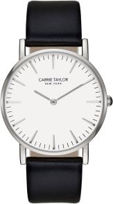 Flot klassisk dameur med sort rem af ægte læder - Carrie Taylor Lexington Sølvfarvet/White Black Leather