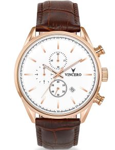 Elegant herreur med hvid urskive og brun læderrem -Vincero Chrono S Rosegoldfarvet/White Whi-Gol-S07