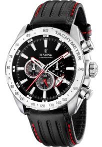 Festina herreur med stål urkasse og sort/røde farvedetaljer - Festina Mens Chronograph Leather F16489/5