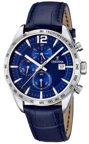 Herreur med blå læderrem - Festina Mens Chronograph Blue Leather F16760/3