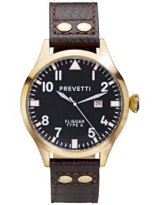 Guld herreur med sort skive og brun læderrem - Prevetti Flieger Type A PR11003