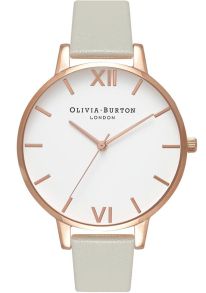 Stilet dameur med grå læderrem - Olivia Burton White Dial Grey & Rosegoldfarvet OB15BDW02