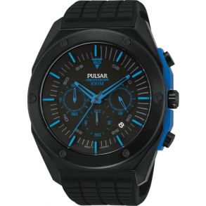 Moderne herreur fra Pulsar i sort med blå farvedetaljer - Pulsar Chronograph Silicone PT3465