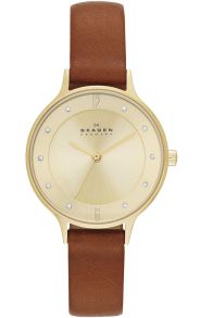 Skagen dameur i guldfarvet med brun læderrem - Skagen Anita Guldfarvet Leather SKW2147
