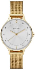 Guldfarvet dameur fra Skagen med meshlænke - Skagen Anita Guldfarvet Mesh SKW2150