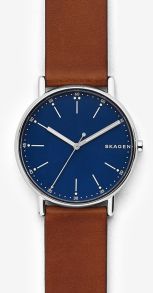 Minimalistisk armbåndsur med navy blå urskive og brun læderrem - Skagen Signatur SKW6355